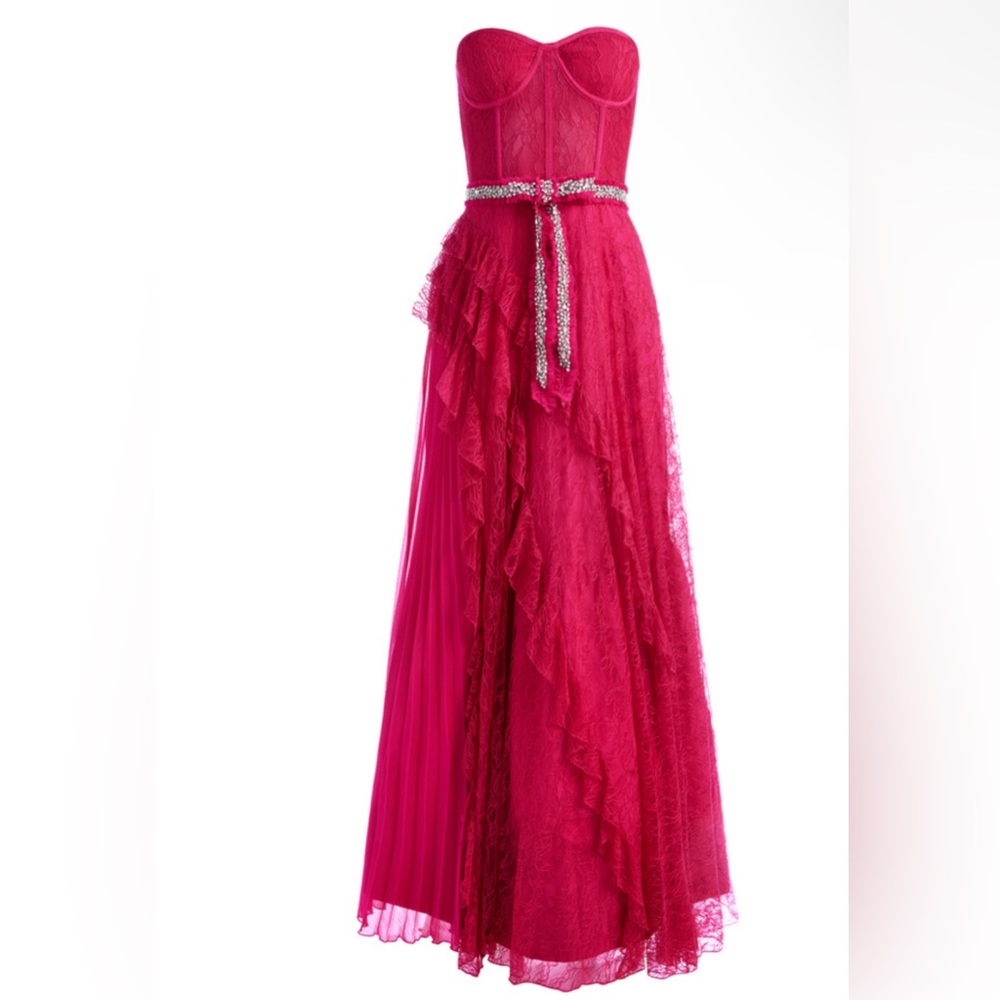 Alice + Olivia BREE STRAPLESS LACE RUFFLE PLEATED BALL GOWN MAXI DRESS